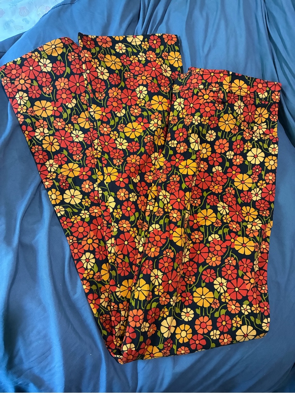 Floral Boot Cut Pants - Black with Red & Yellow Flowers